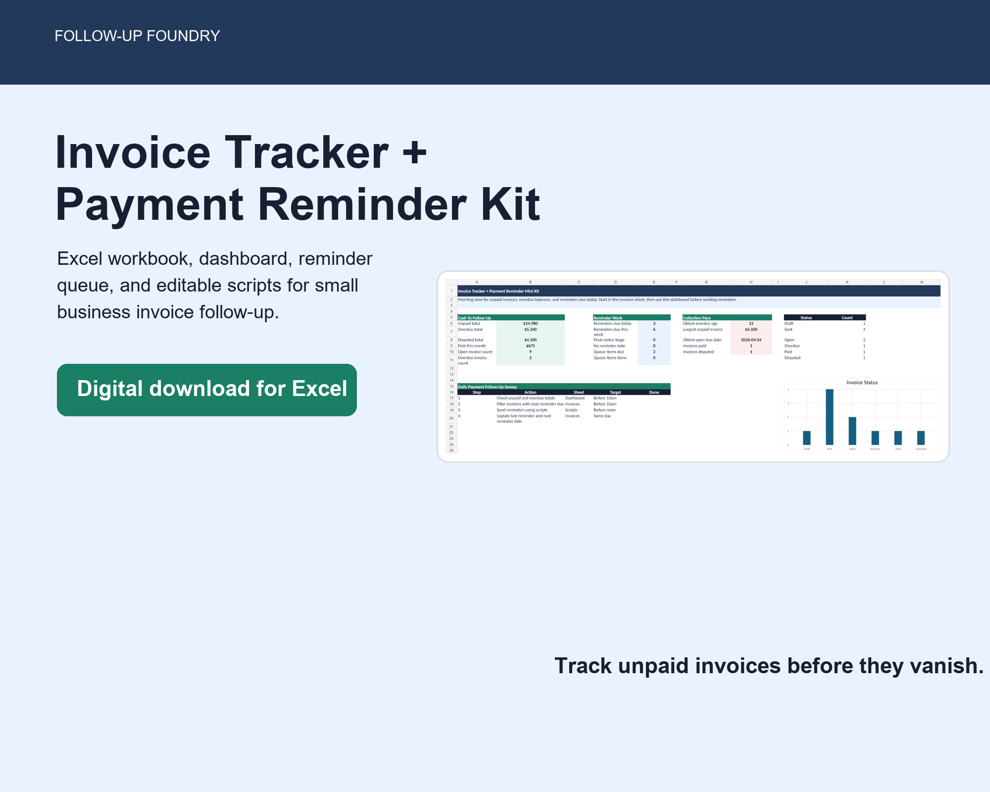 Invoice tracker spreadsheet and payment reminder kit preview